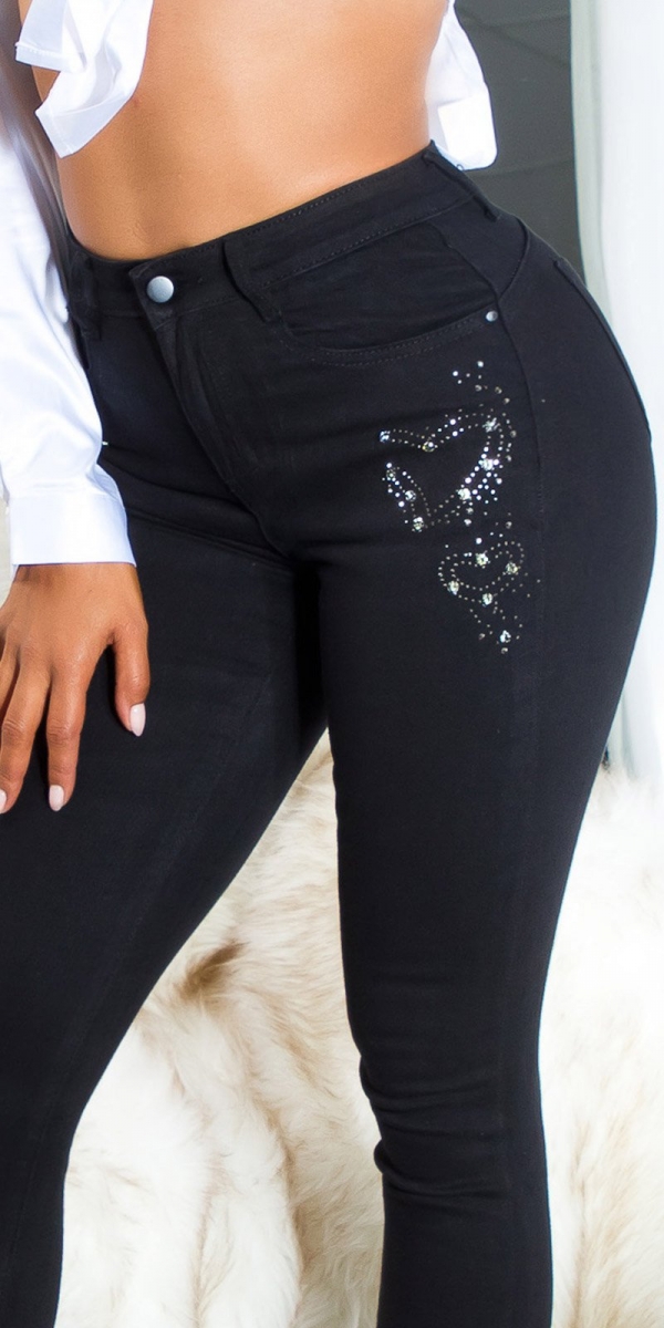 Stretch Jeans mit dezenter Strass-Verzierung - schwarz