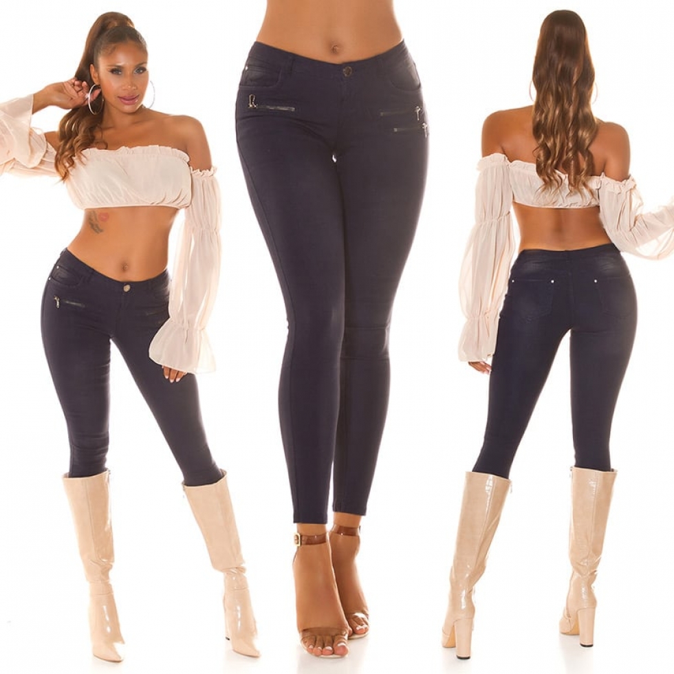 Skinny- Hüftjeans mit Zier-Zippern und Glitzernieten - dark blue