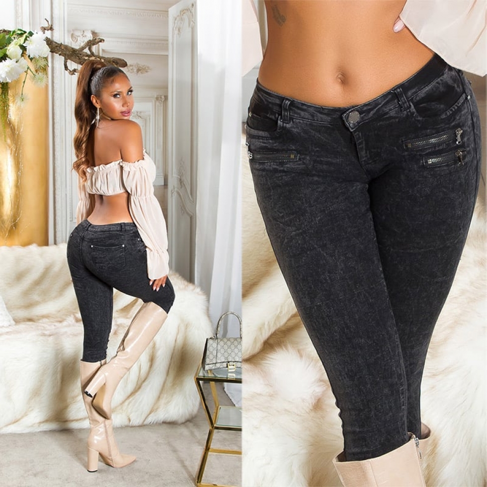 Skinny- Hüftjeans mit Zier-Zippern und Glitzernieten - schwarz