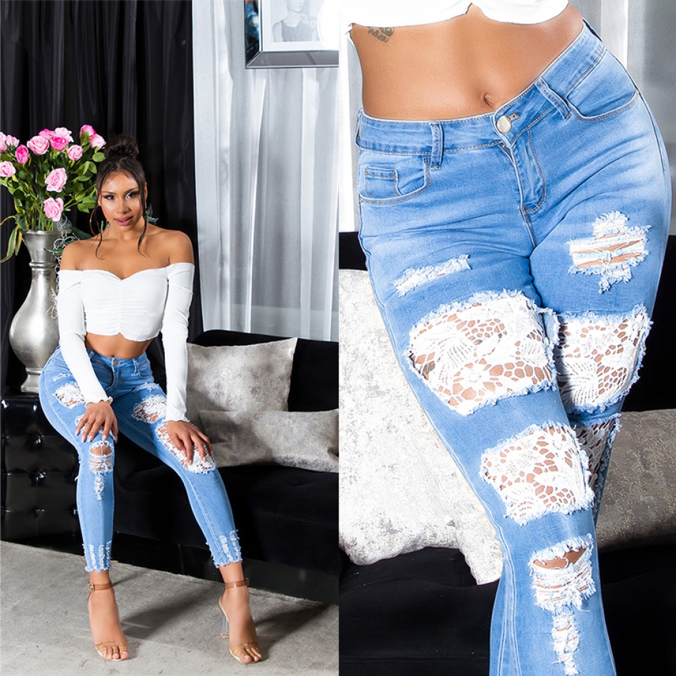 PushUp Röhrenjeans im sexy Vintage-Look mit Spitze - blue washed