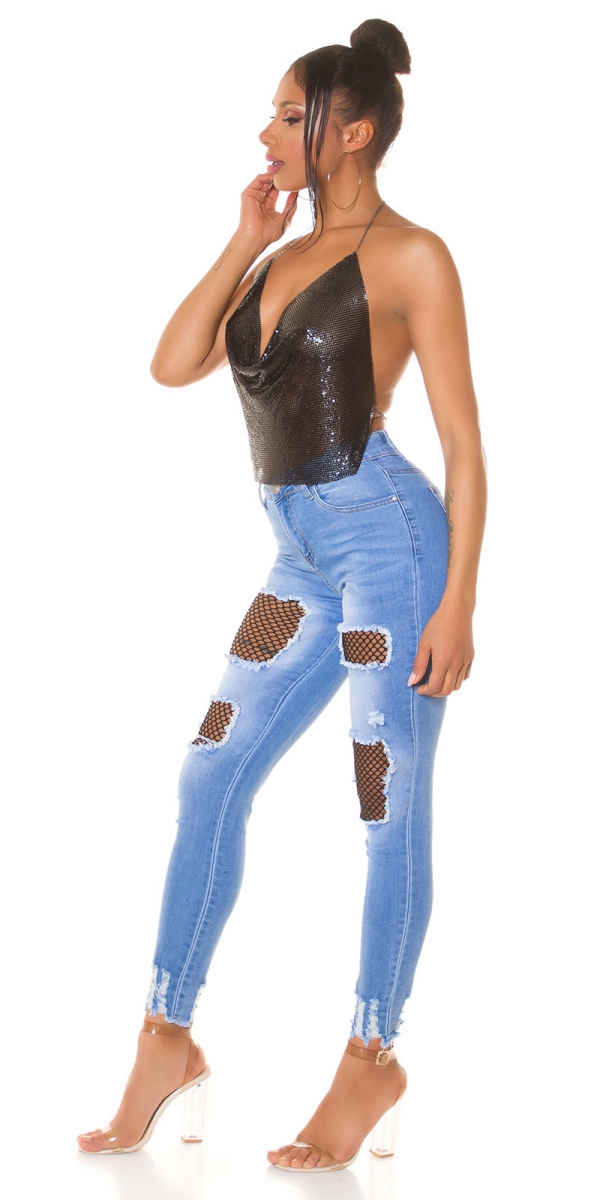 High Waist Skinny-Jeans mit Löchern und Netz-Einsätzen - blue washed