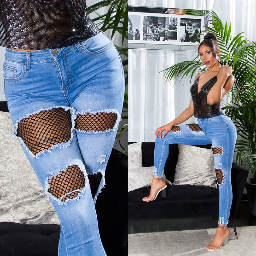High Waist Skinny-Jeans mit Löchern und Netz-Einsätzen - blue washed