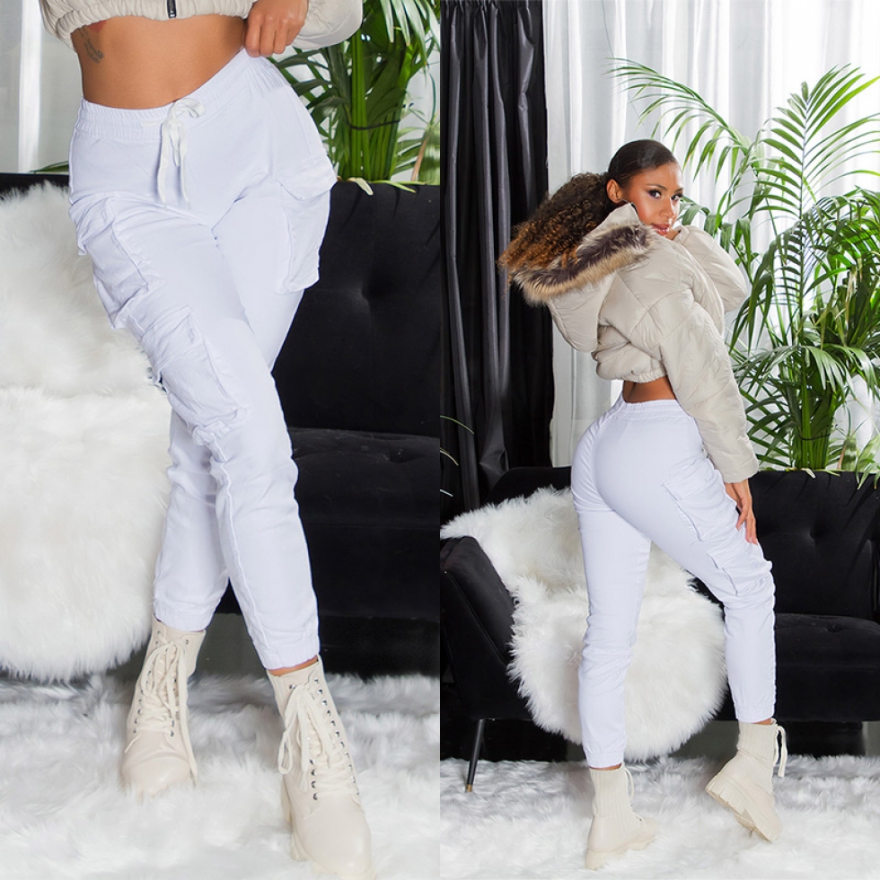 Moderne Damen High Waist Cargo Jeans Hose in weiß