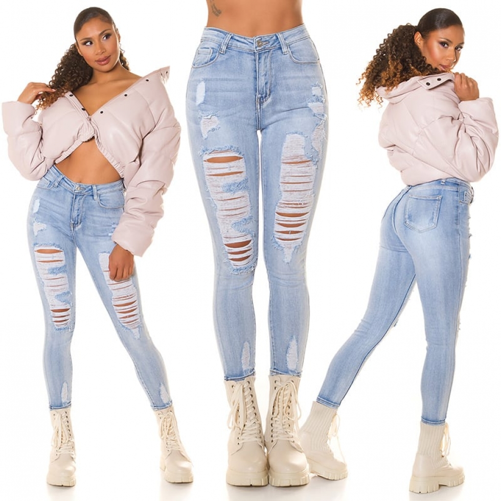 High Waist Skinny-Jeans im modischen destroyed Look - blue washed