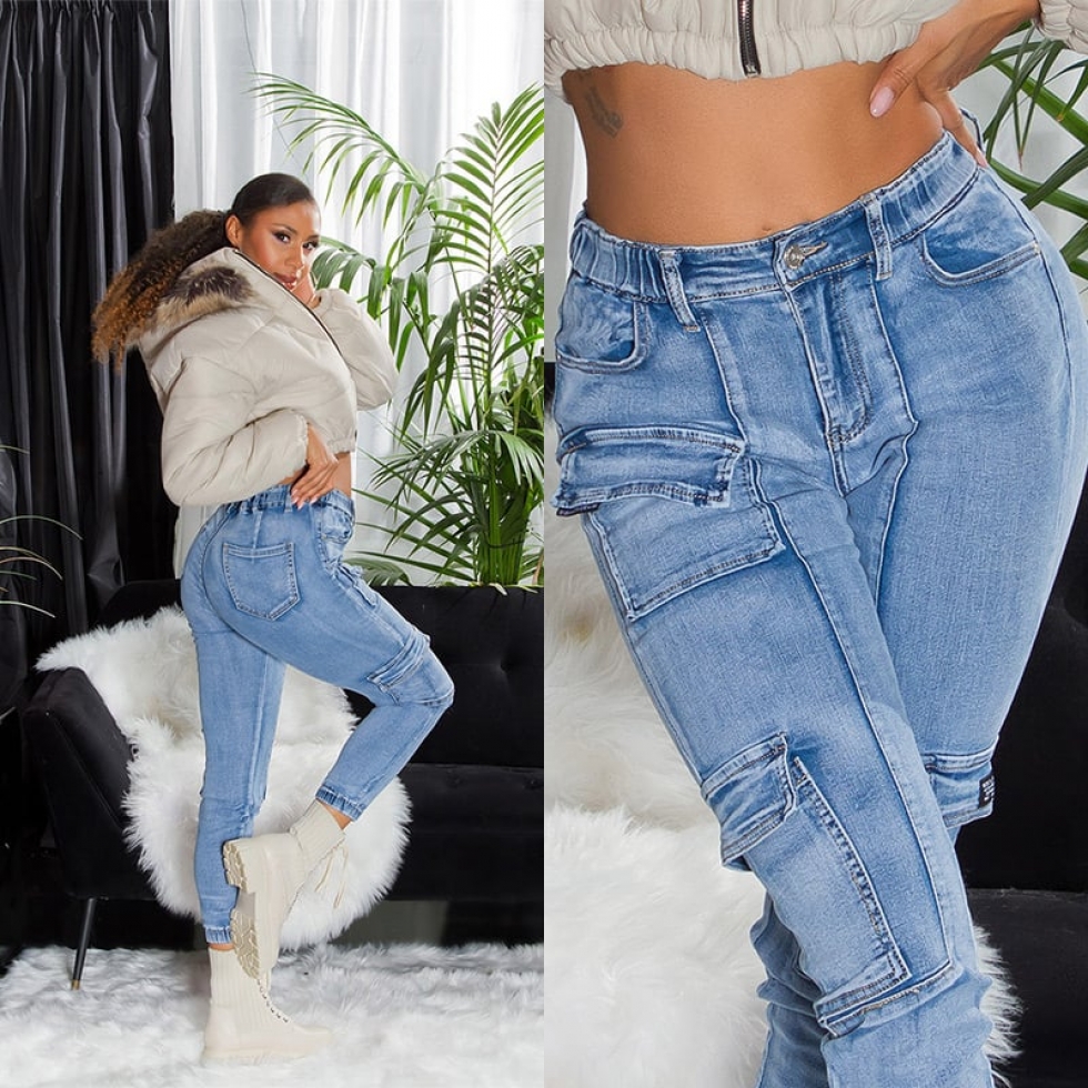 High Waist Jeans im Cargo-Design mit Pattentaschen - blue washed