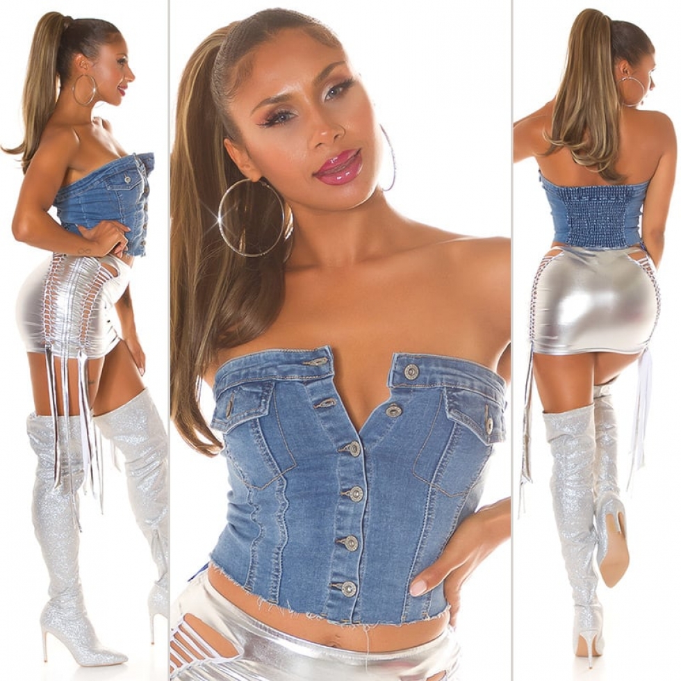 Sexy bauchfreies Jeans Bandeau-Top mit Knöpfen - blue washed