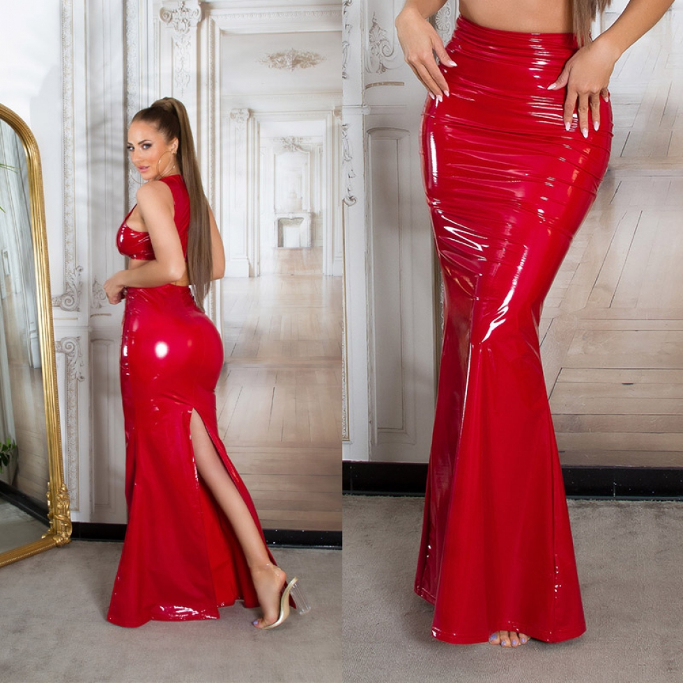 Maxirock im Latex-Look mit sexy Schlitz in rot