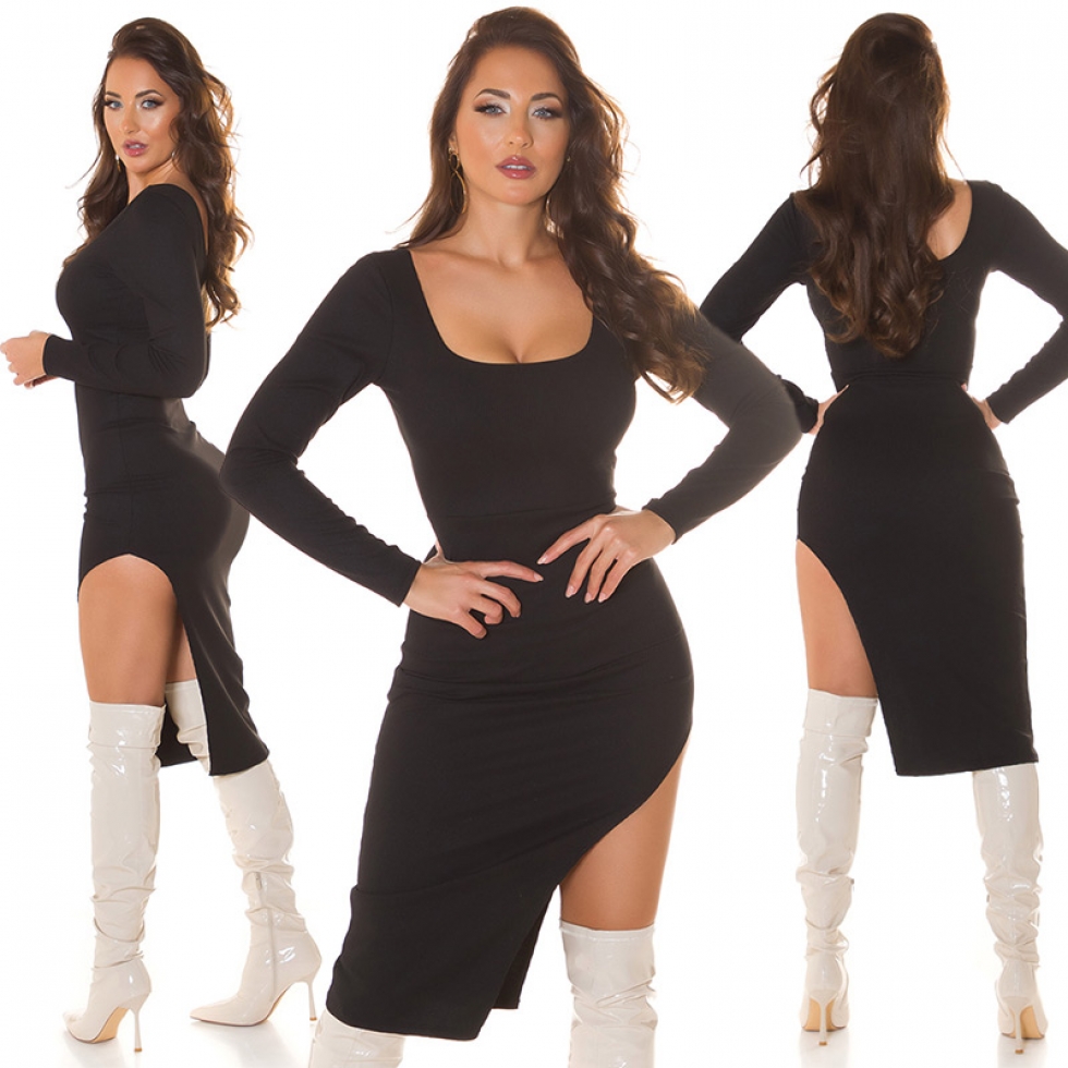 Sexy asymetrisches Feinstrick Minikleid mit Soft Cups - schwarz
