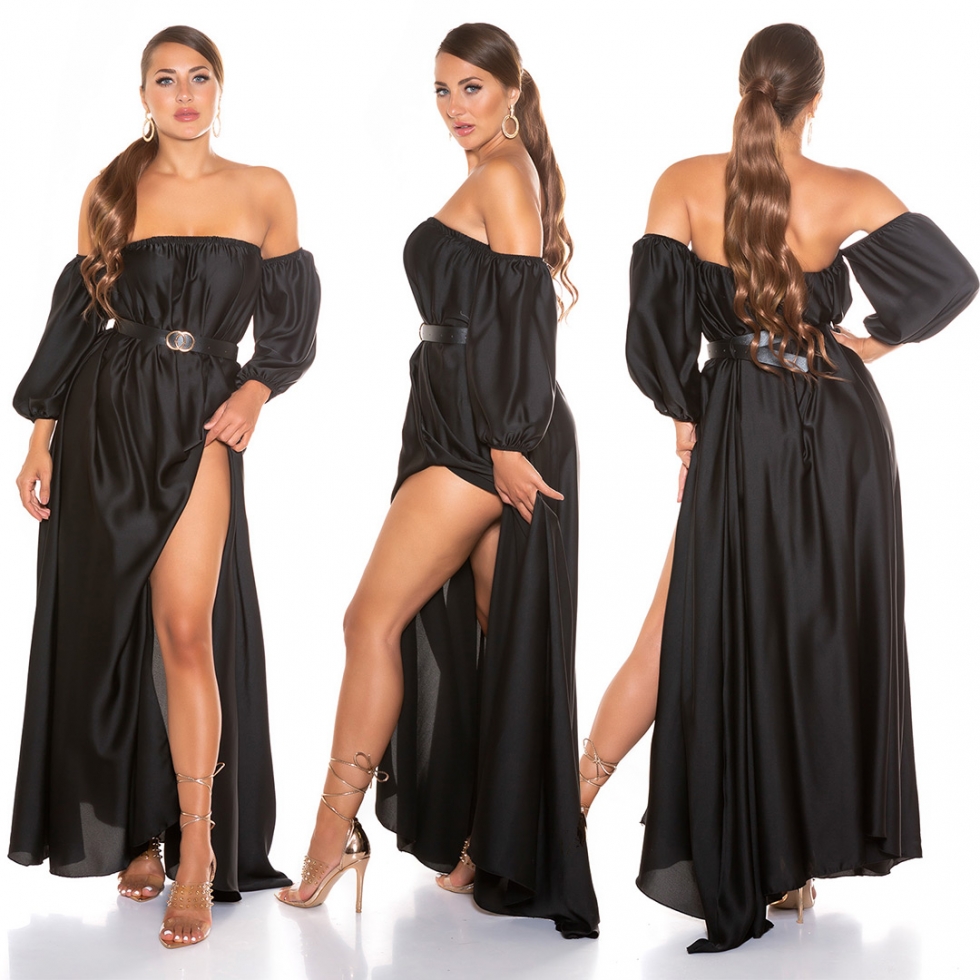 Seidig glänzendes Satin Kleid mit Carmen-Ausschnitt - schwarz