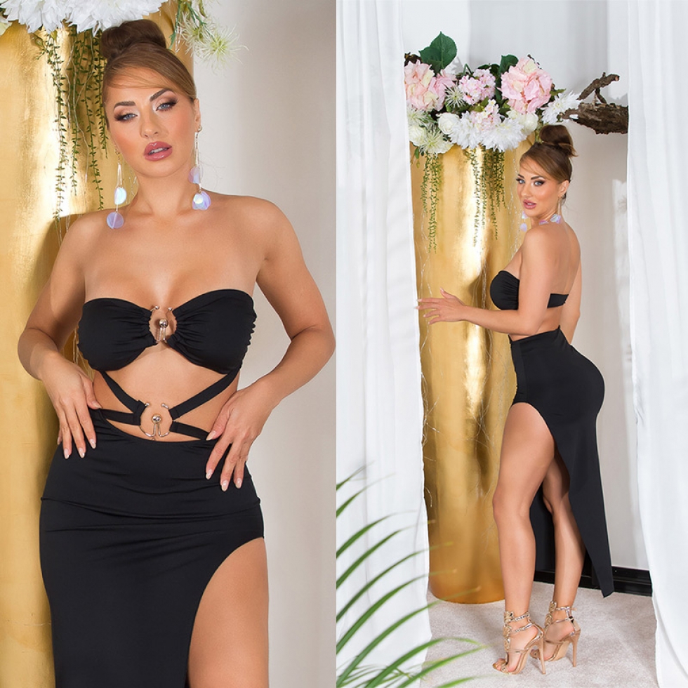 Exklusives Bandeau Kleid mit Schmuck-Applikationen - schwarz