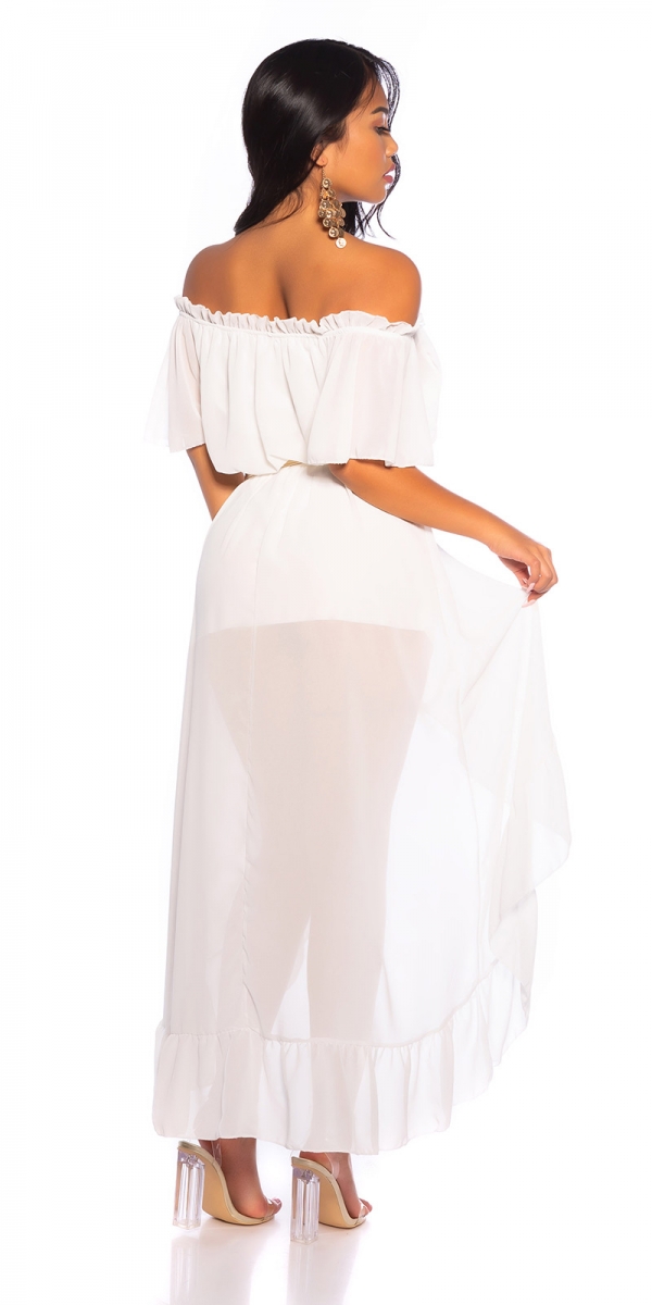 Elegantes Chiffon-Kleid mit Carmen-Ausschnitt - weiß