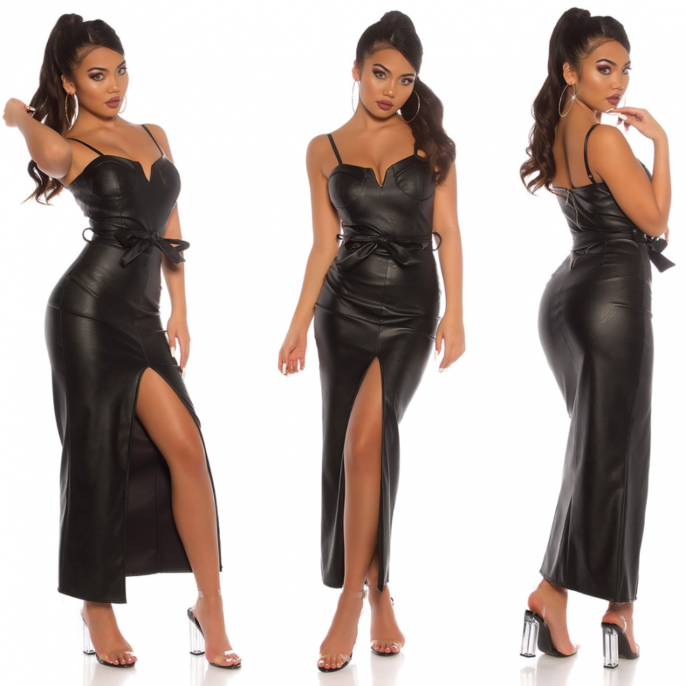 Elegantes Maxikleid im glänzenden Lederlook - schwarz