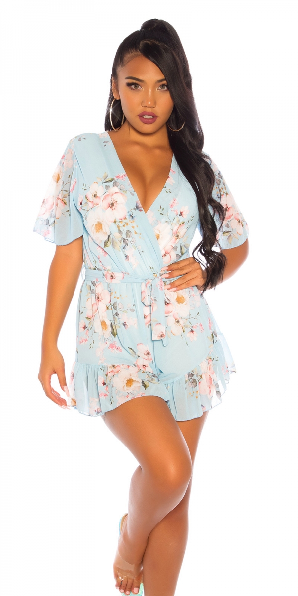 Luftig leichter Jumpsuit-Overall mit Blümchen-Muster - türkis