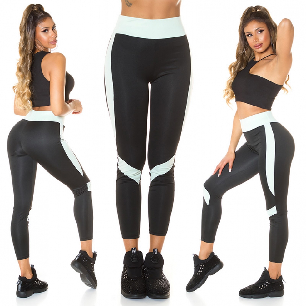 Figurbetonte Fitness-Leggings mit Kontrasteinsätzen - schwarz/mint