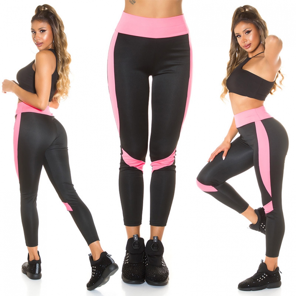 Figurbetonte Fitness-Leggings mit Kontrasteinsätzen - schwarz/neonpink