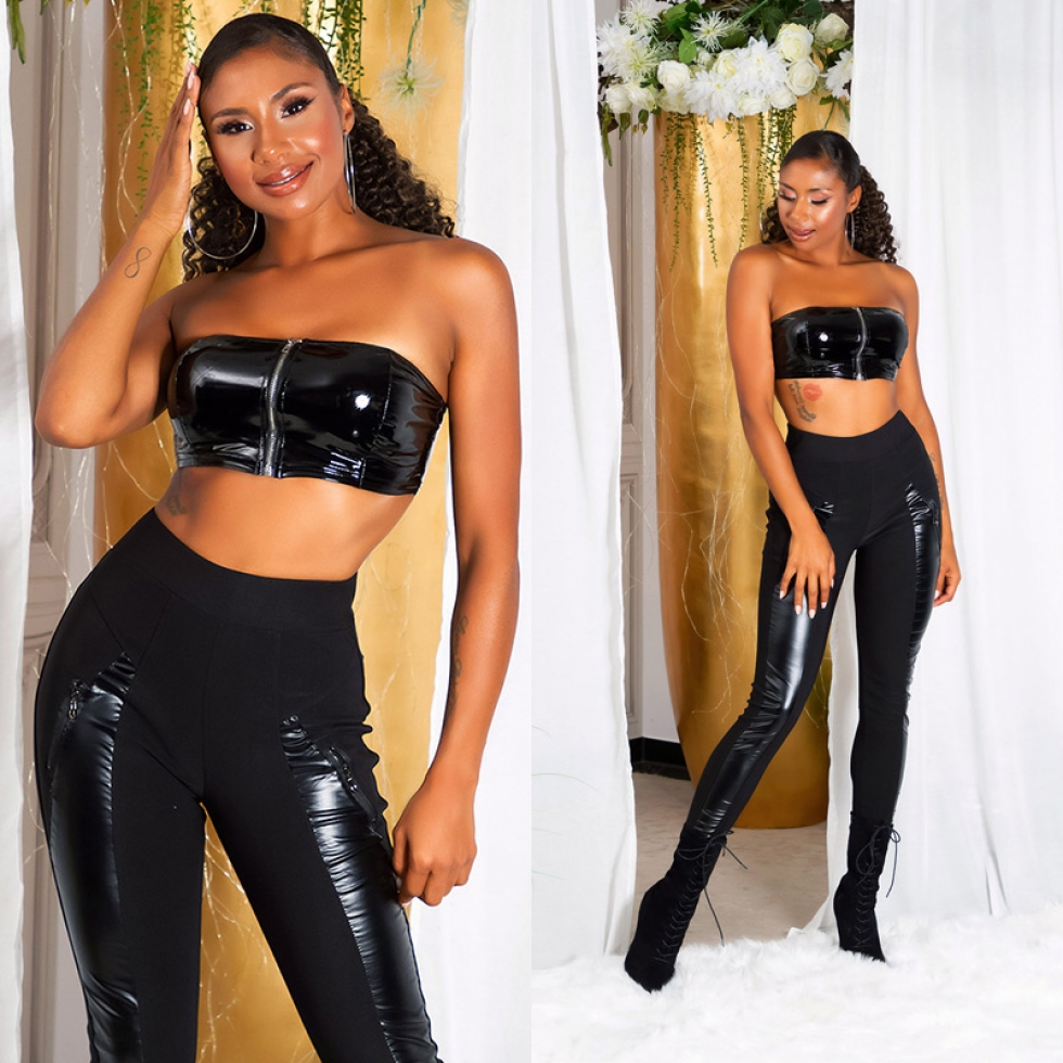 Sexy Leggings mit Kunstleder-Einsätzen in schwarz