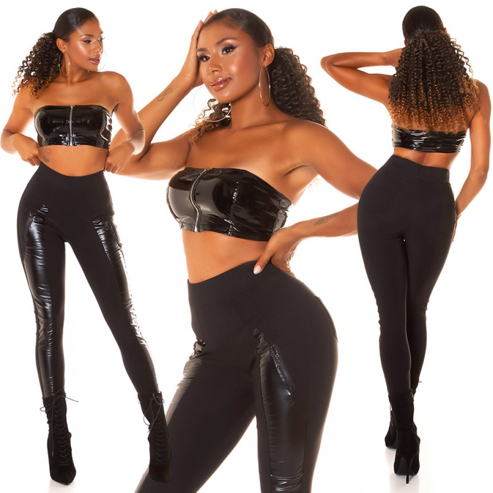 Sexy Leggings mit Kunstleder-Einsätzen in schwarz
