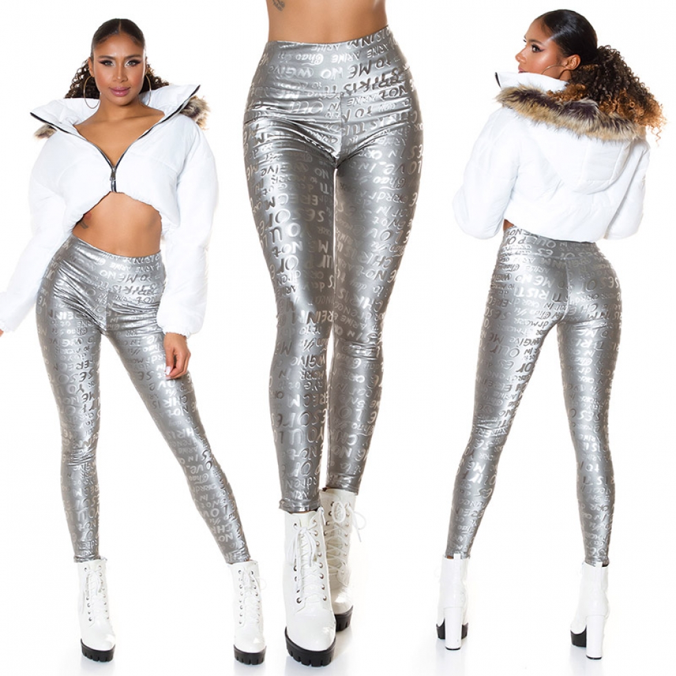 Sexy Highwaist Thermo-Leggings mit Glamour-Schriftprints - silber