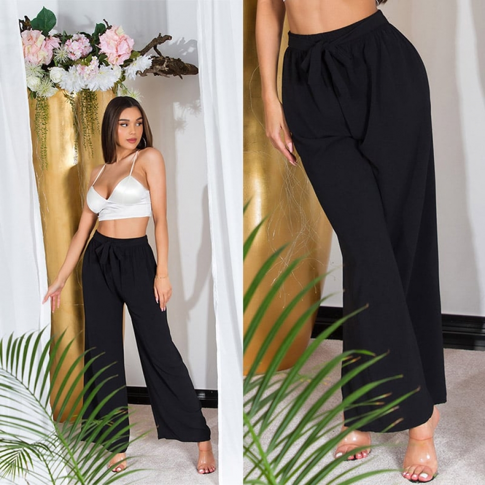 Leichte Sommer Damen Hose mit Bindebändchen in schwarz