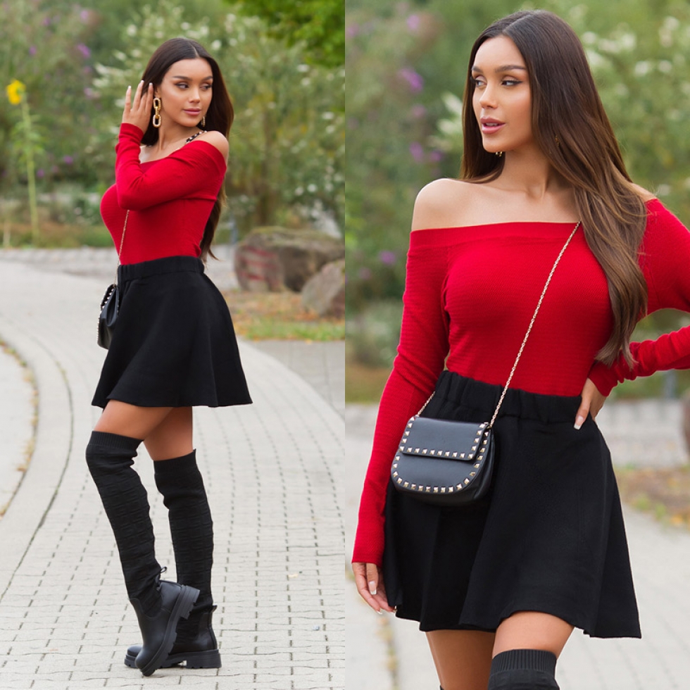 Carmen-Pullover aus weichen Feinstrick - bordeaux