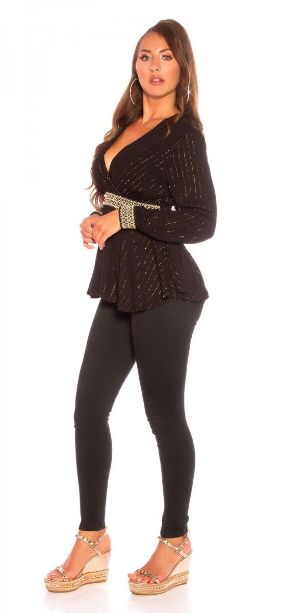 Elegantes Langarmshirt mit Wickel-Ausschnitt - schwarz