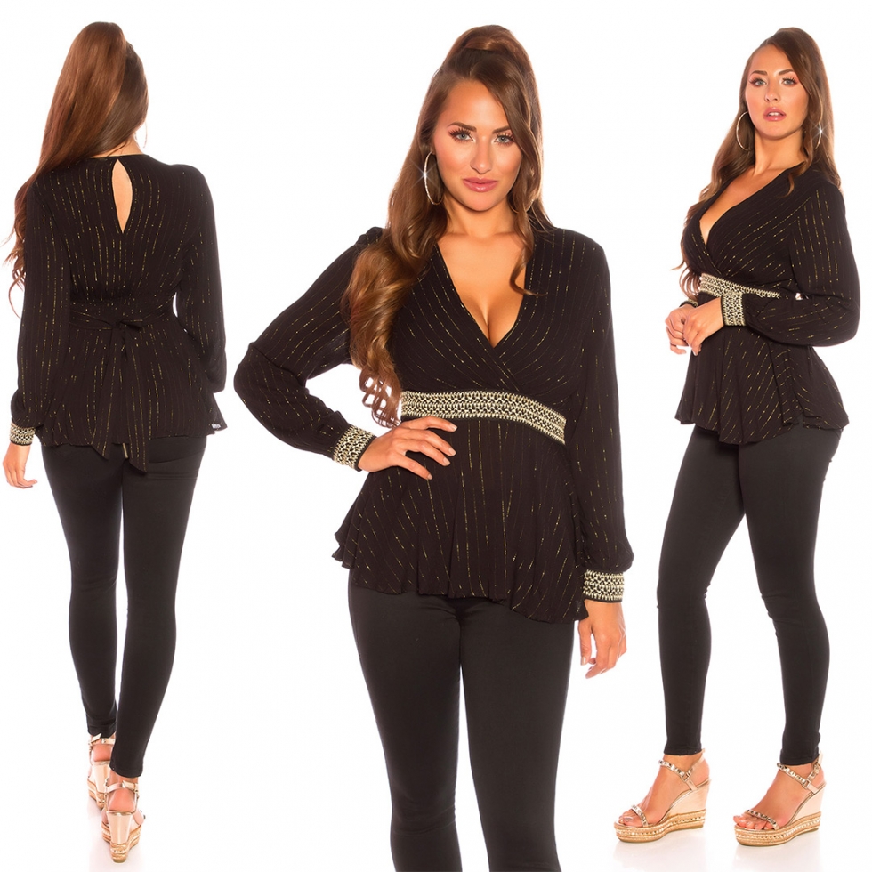 Elegantes Langarmshirt mit Wickel-Ausschnitt - schwarz