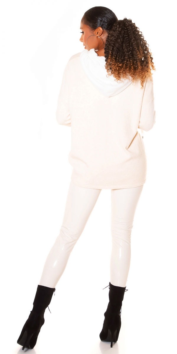 Legerer Oversize Feinstrick-Pullover mit kontrastfarbener Kapuze - beige