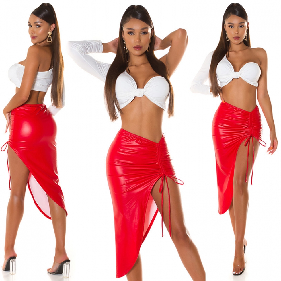 Sexy Kunstleder-Rock mit XL Beinschlitz in rot