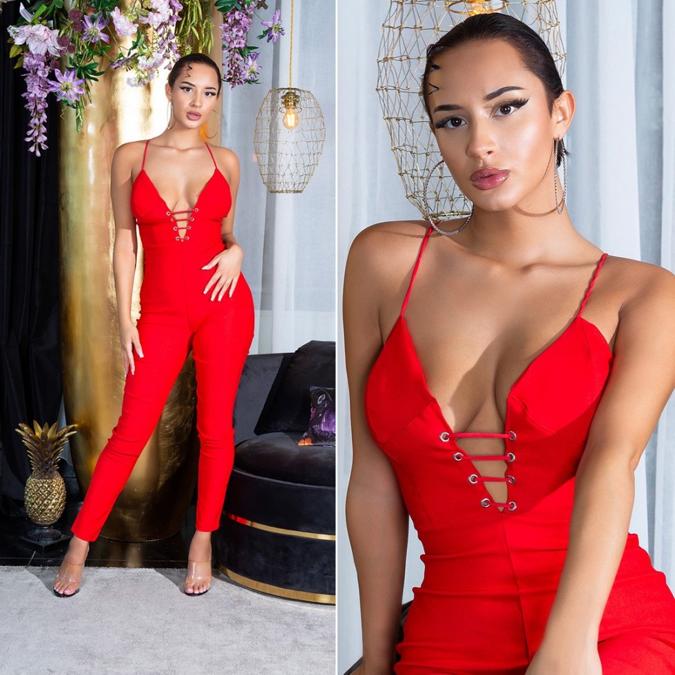 Sexy Overall mit tiefen V-Ausschnitt und Spaghetti-Trägern - rot