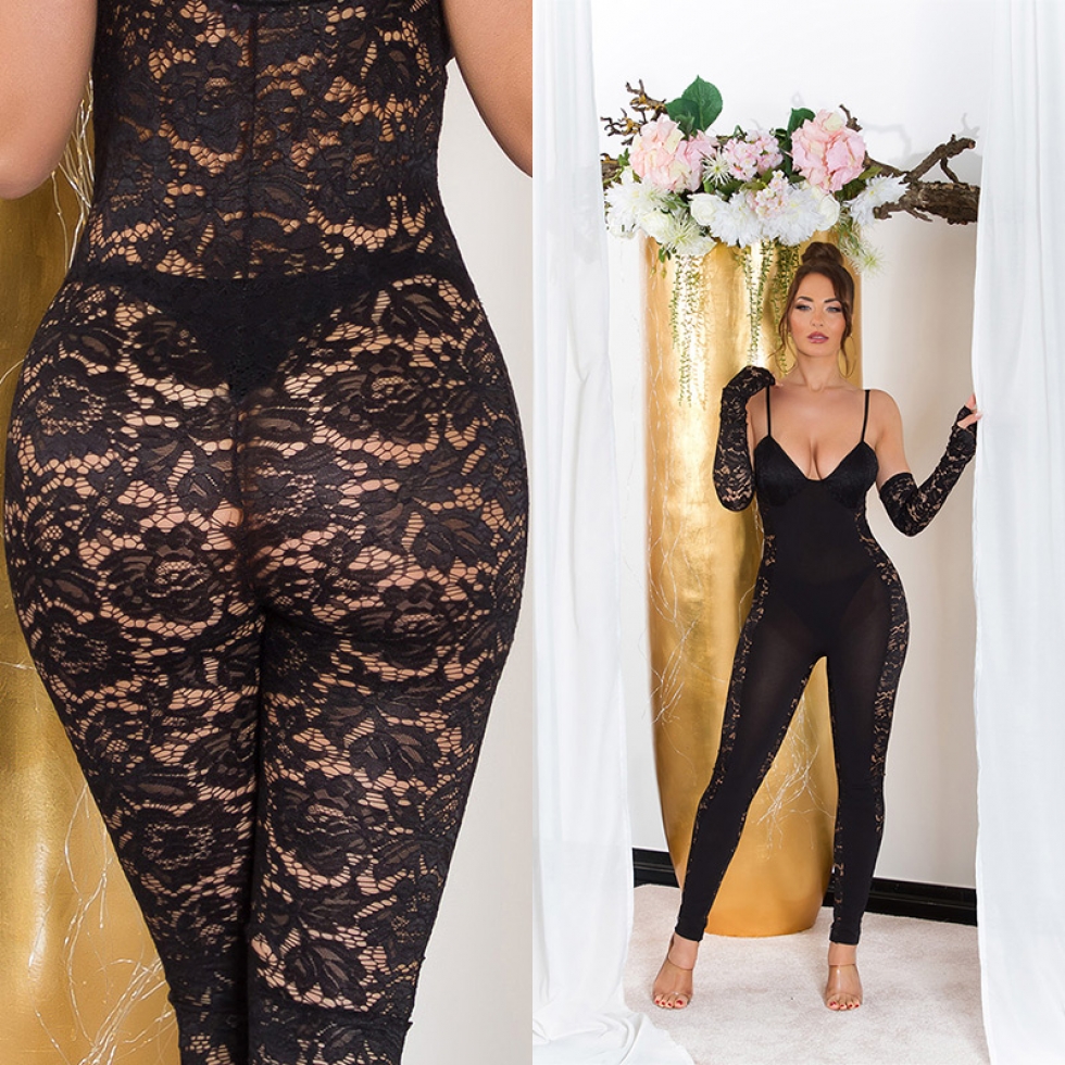 Exklusiver sexy Spitzen-Overall mit tiefen Ausschnitt und Soft-Cups - schwarz