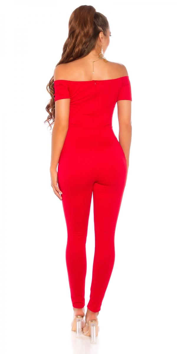 Figurbetonter Carmen-Overall mit eleganter goldfarbener Schnalle - rot
