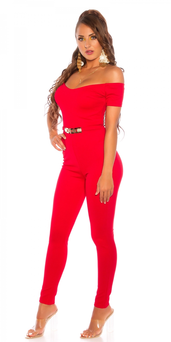 Figurbetonter Carmen-Overall mit eleganter goldfarbener Schnalle - rot