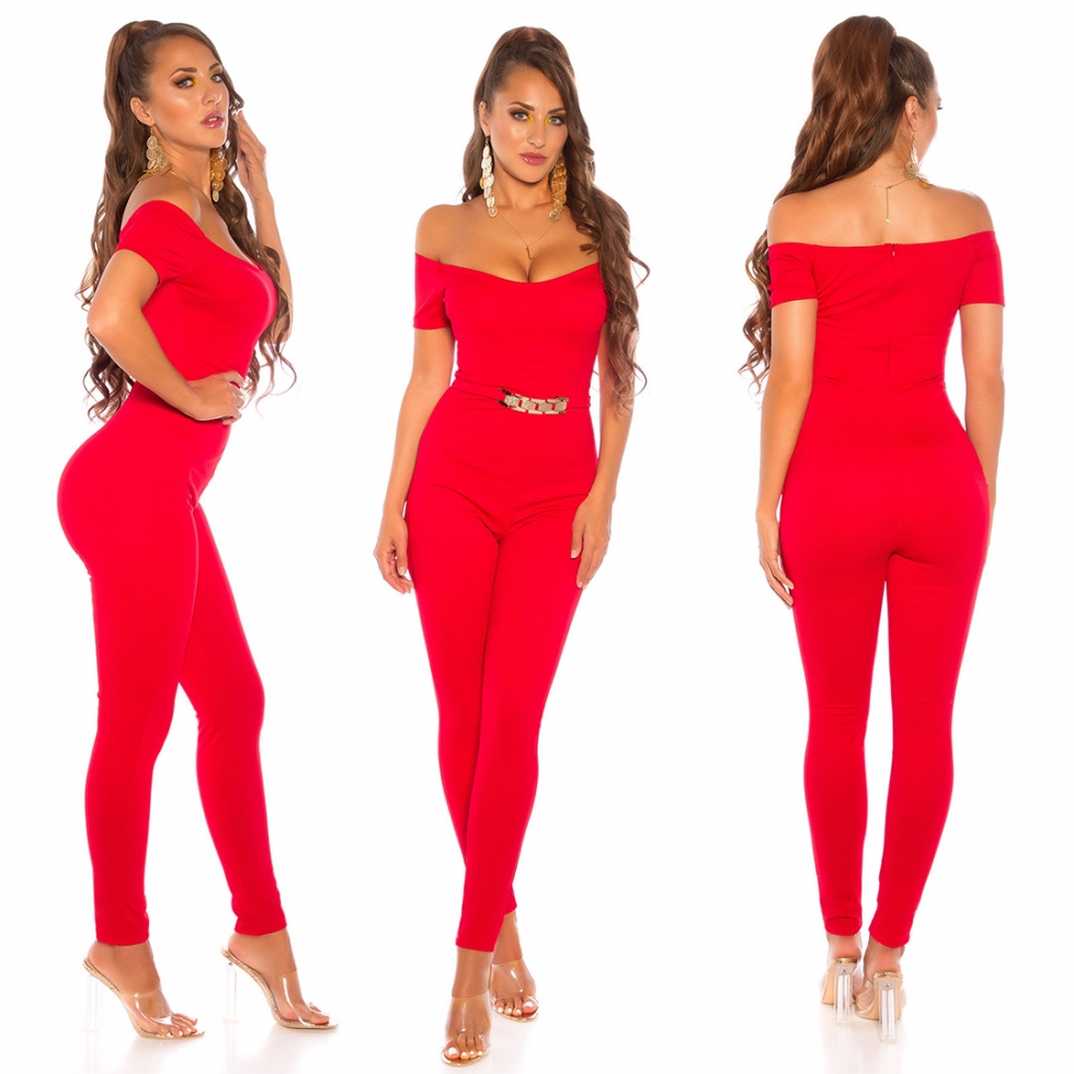 Figurbetonter Carmen-Overall mit eleganter goldfarbener Schnalle - rot