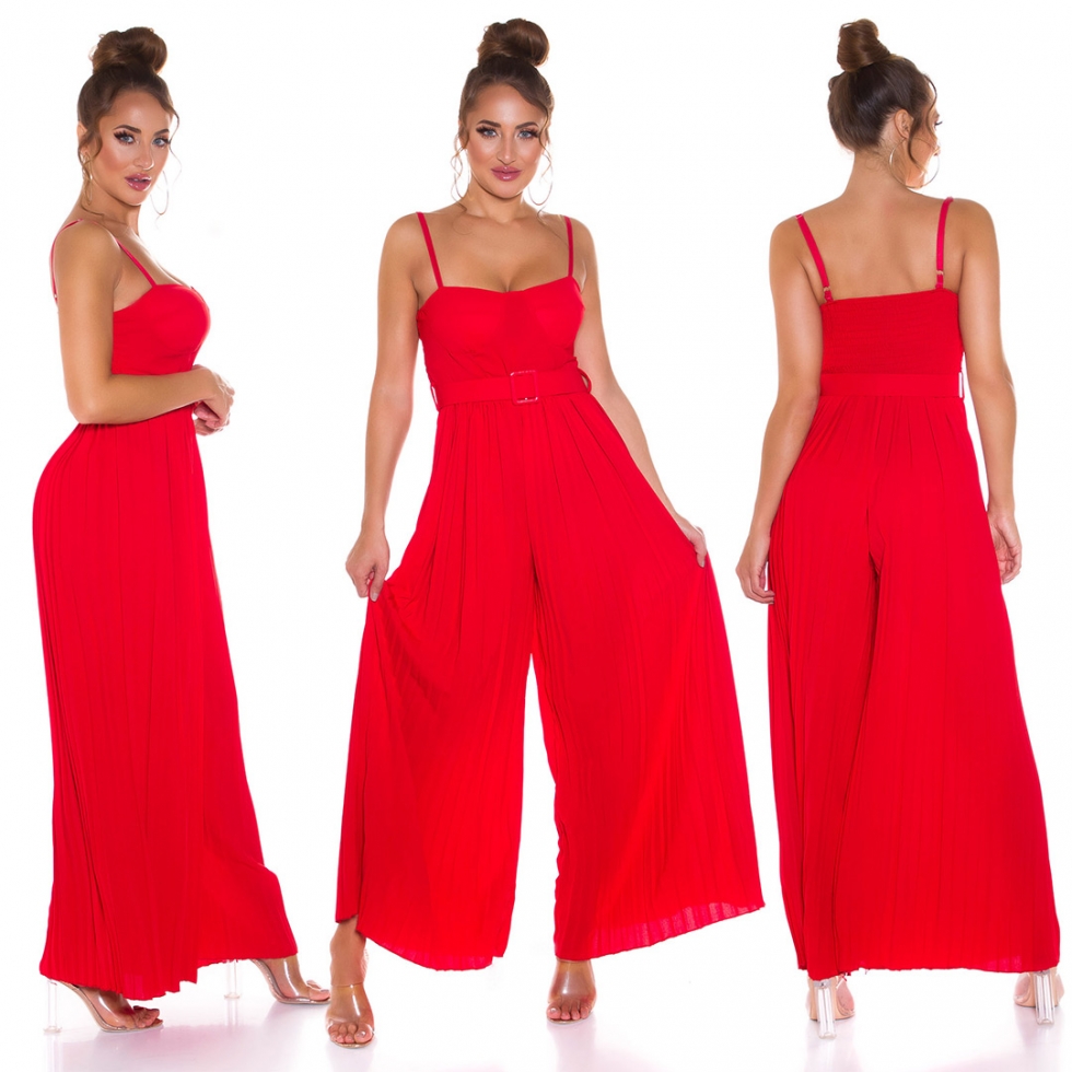 Plissee-Overall im Marlene-Style mit Spaghetti-Trägern - rot