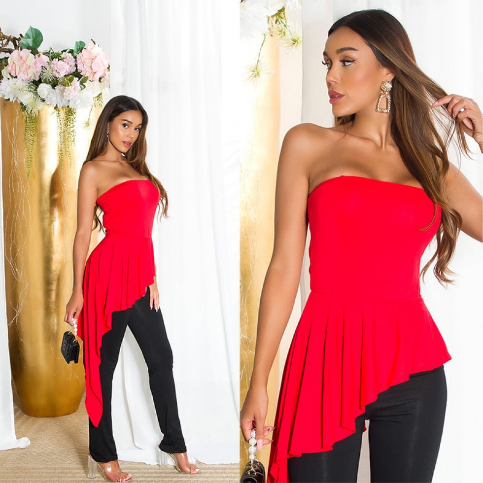 Auffallender Bandeau-Overall mit Schleppe - rot