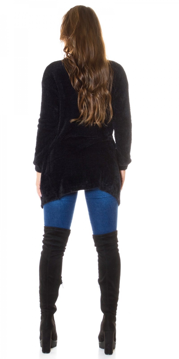 Flauschiger Cardigan in Longversion - schwarz