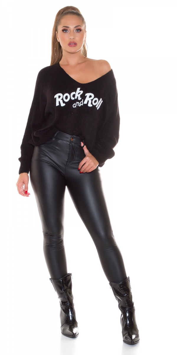 Grobstrick Oversize-Pullover mit Schriftzug - schwarz