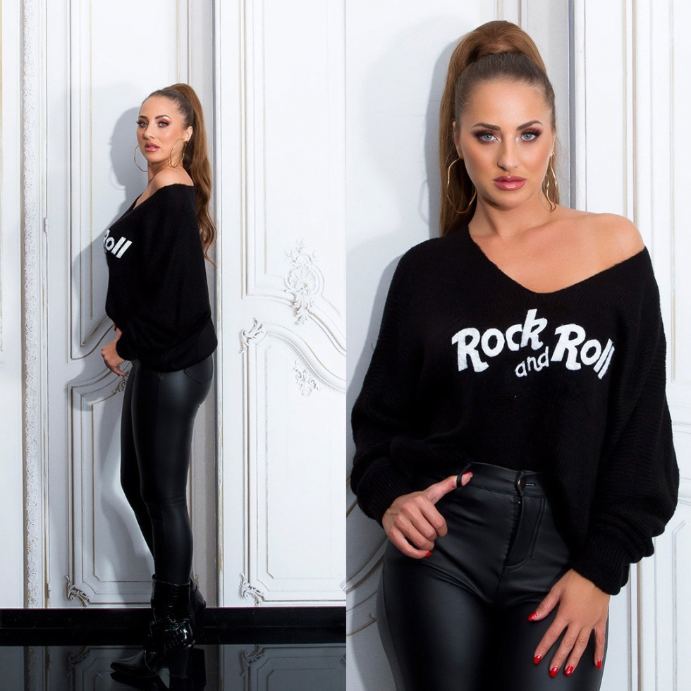 Grobstrick Oversize-Pullover mit Schriftzug - schwarz