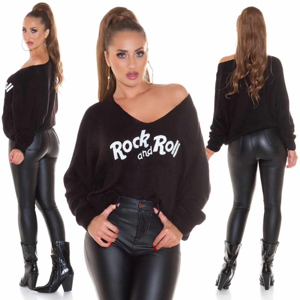Grobstrick Oversize-Pullover mit Schriftzug - schwarz