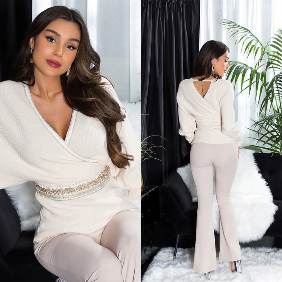 Rippstrick Pullover in sexy Wickel-Optik und Schmuckbordüre - beige