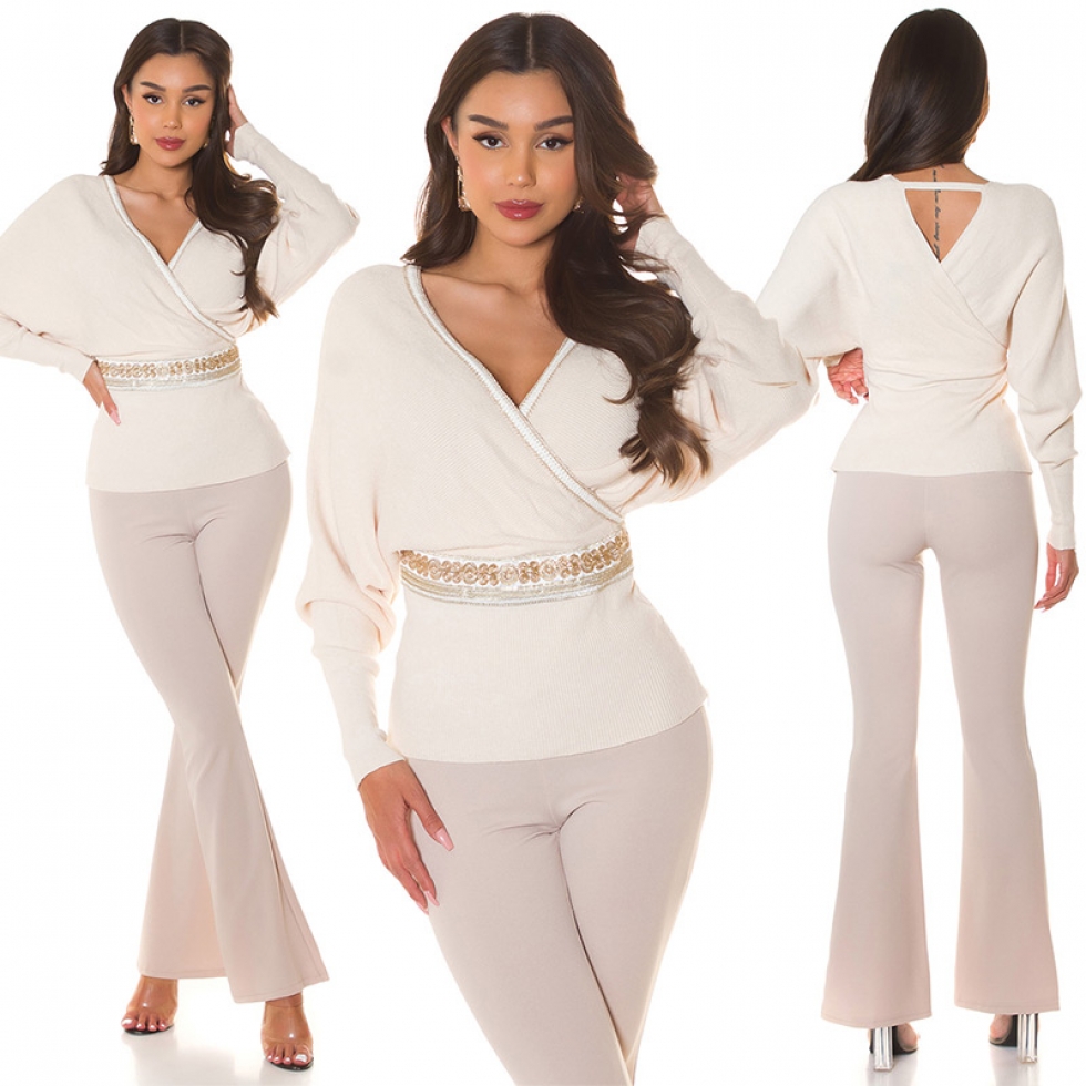 Rippstrick Pullover in sexy Wickel-Optik und Schmuckbordüre - beige