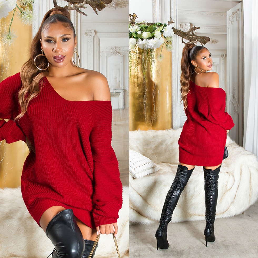 Oversize-Grobstrickpullover mit extra weitem V-Ausschnitt - rot