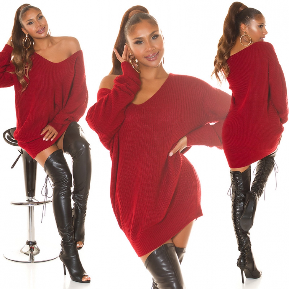Oversize-Grobstrickpullover mit extra weitem V-Ausschnitt - rot