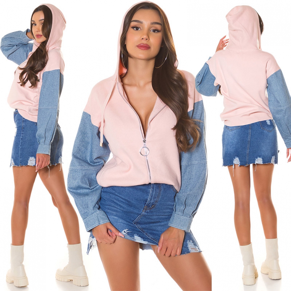 Modische Kapuzen-Jacke im 2in1 Look - rosa