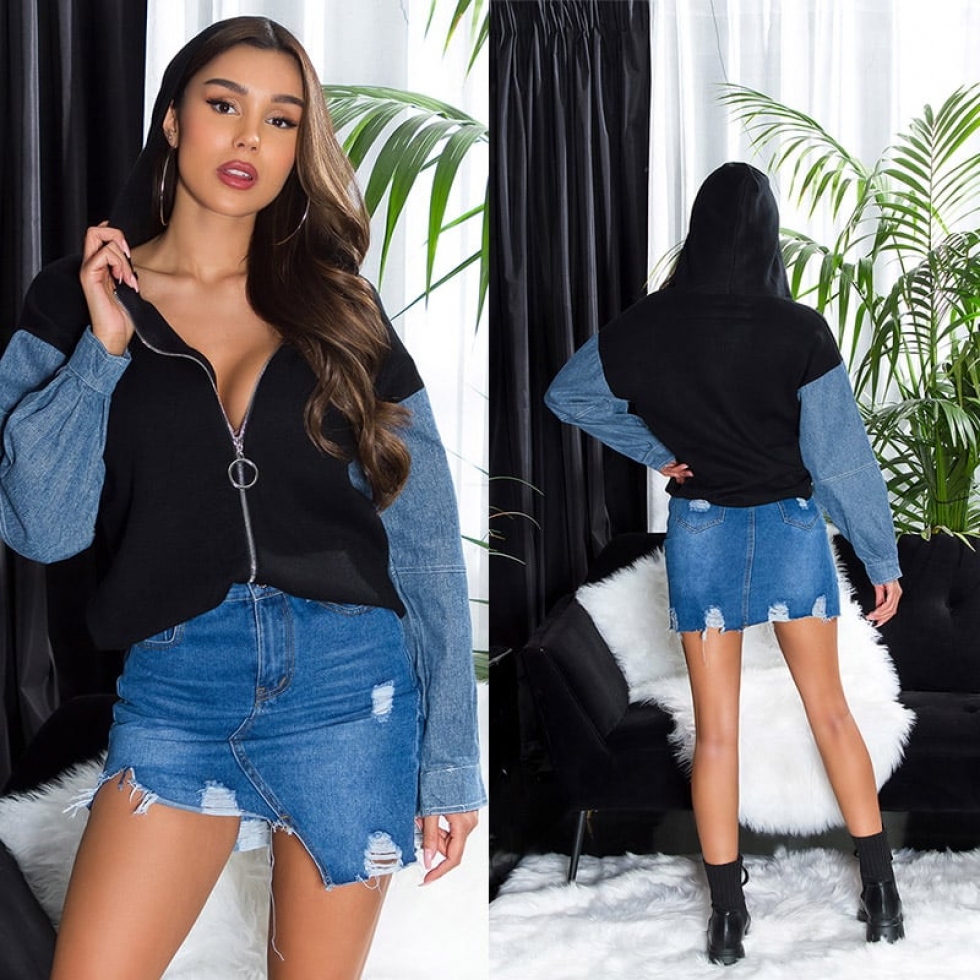 Modische Kapuzen-Jacke im 2in1 Look - schwarz