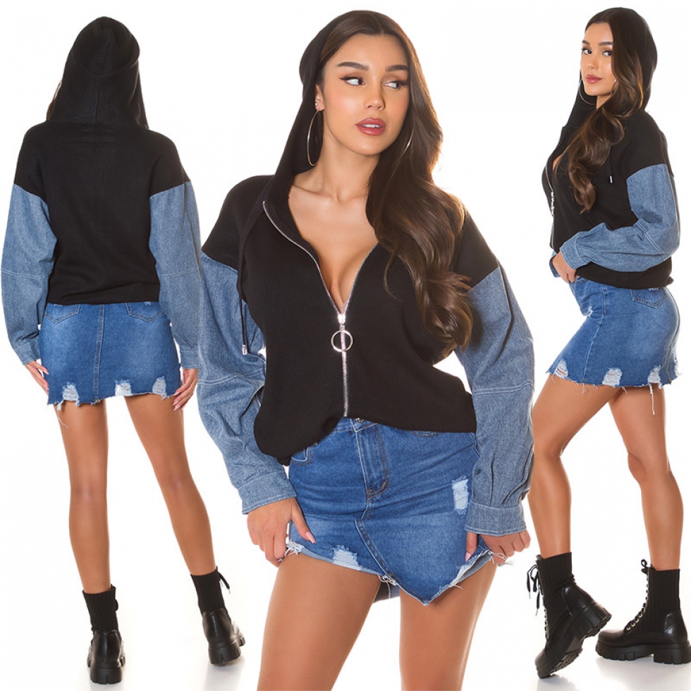 Modische Kapuzen-Jacke im 2in1 Look - schwarz