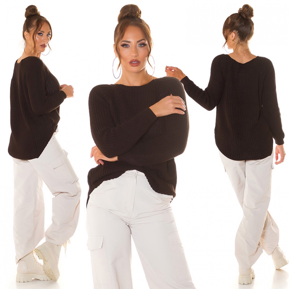 Weicher Grobstrick-Pullover mit Rundhals-Ausschnitt - coffee