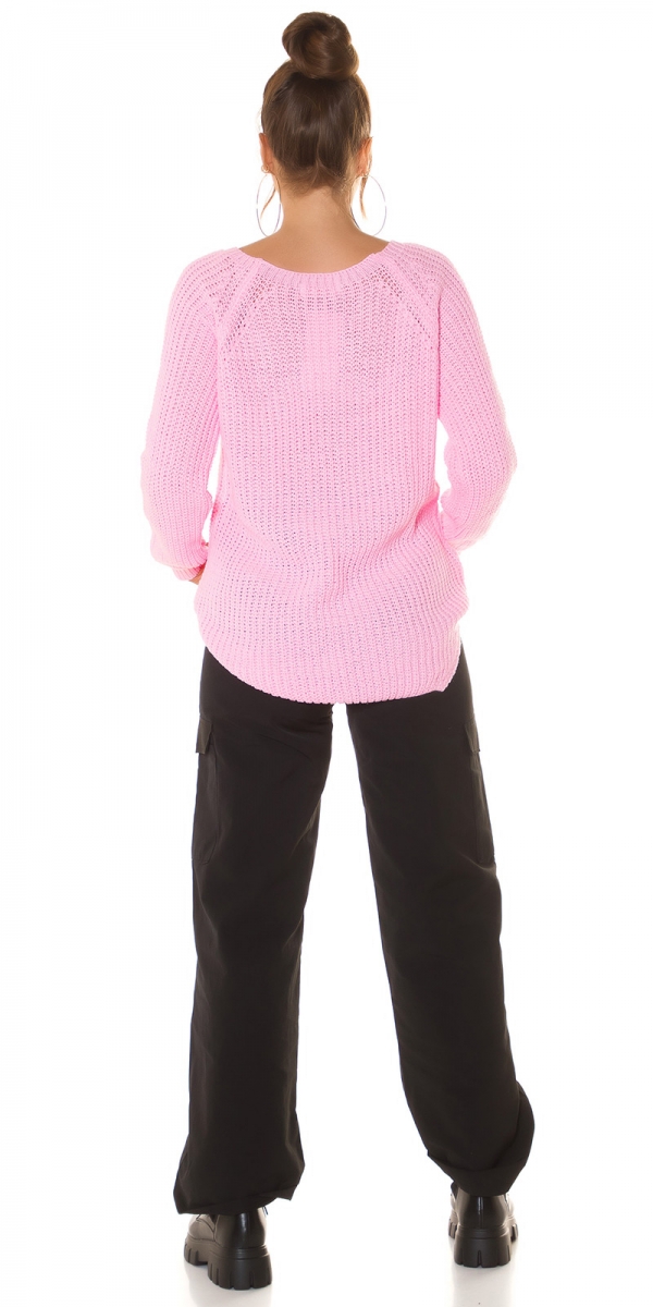 Weicher Grobstrick-Pullover mit Rundhals-Ausschnitt - rosa