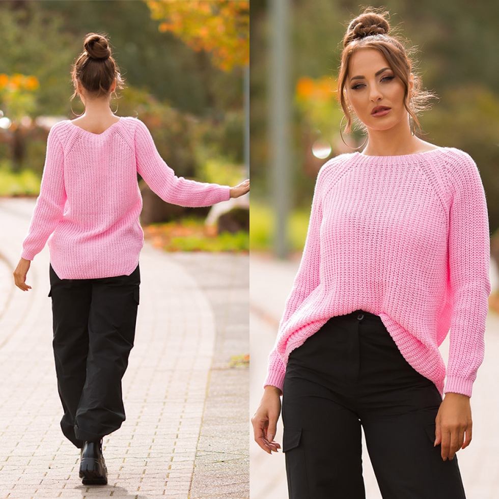 Weicher Grobstrick-Pullover mit Rundhals-Ausschnitt - rosa
