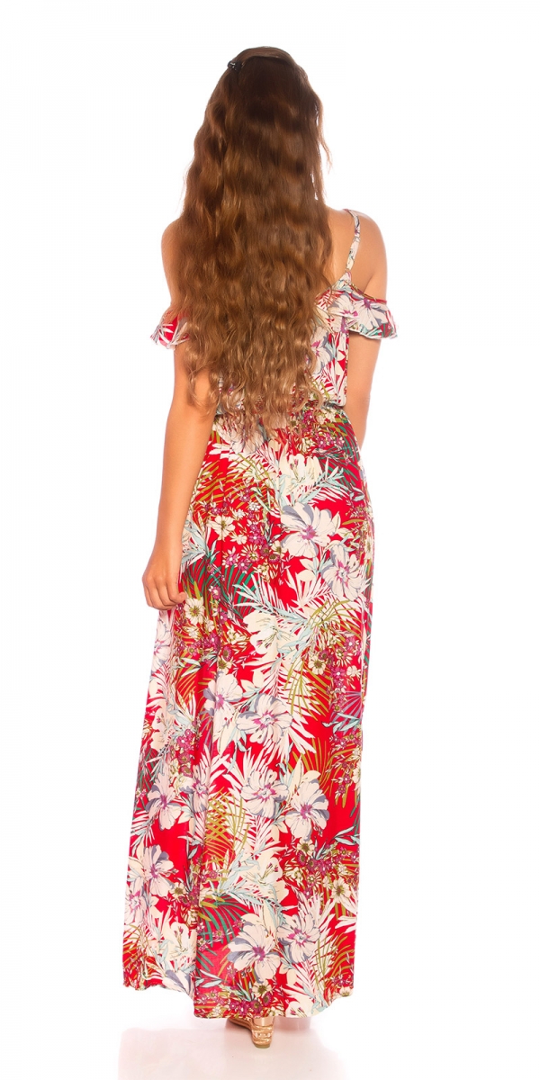 Carmen Maxi-Kleid mit Blumenprint-Verzierung - rot